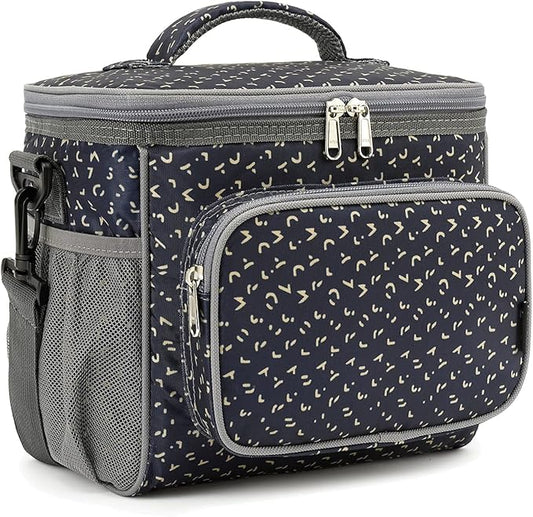 FlowFly Insulated Reusable Lunch Bag Adult Large Lunch Box for Women and Men with Adjustable Shoulder Strap,Front Zipper Pocket and Dual Large Mesh Side Pockets,Alphabet