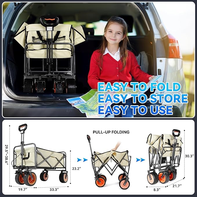 Electric Collapsible Garden Wagon Cart with Wheel,Rolling Foldable Metal Utility Wagon Carts,100w Power and 300lb Capacity, Portable for Camping,Sports,Shopping,Groceries,Laundry (White)