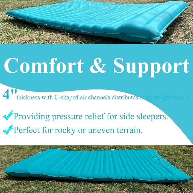 Inflatable Double Sleeping Pad for Camping, 2 Person Air Mattress Self-Inflating Camp Pad, Extra Thick & Lightweight, Ultimate Comfort for Two Campers