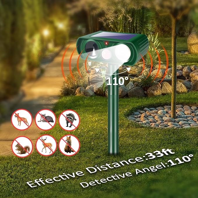 4 Pack Solar Ultrasonic Animal Repellent Squirrel Fortress Pro Outdoor,Cat Deer Repellent with Motion Detection Strobe Light,Waterproof Repeller for Raccoon Rabbit Dog Skunk,Yard Garden Protection