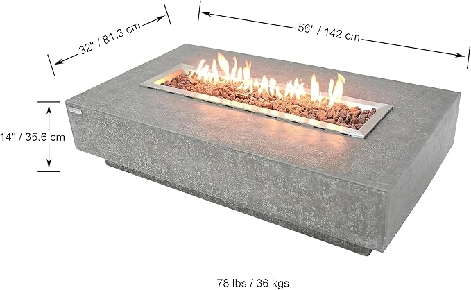 Elementi | Hampton Gas Fire Pit Cast Concrete 56" Rectangular Fire Table, Outdoor Fire Pit Electronic Ignition | Canvas Cover, Lava Rock Included | Light Gray (Propane Gas)