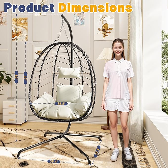 Egg Chair with Stand, Patio Wicker Bifanuo Hanging Chair, Hammock Swing Chair, 350LBS Capacity for Bedroom, Balcony, Garden(BR-BE)
