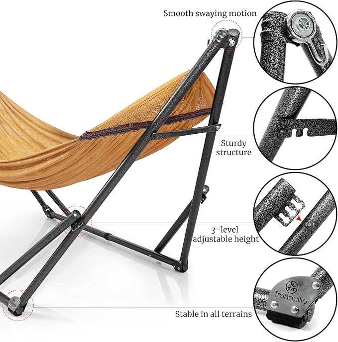 Tranquillo Universal Double Hammock with Stand Included for 2 Persons/Foldable Hammock Stand 600 lbs Capacity Portable Case - Inhouse, Outdoor, Camping, Yellow