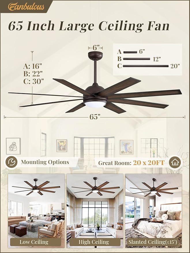 65 Inch Ceiling Fans with Lights and Remote, Bronze Indoor/Outdoor Ceiling Fan with Quiet Reversible DC Motor, 6 Speeds, 3CCT, 8 Blades Large Ceiling Fan for Living Room Bedroom Patio
