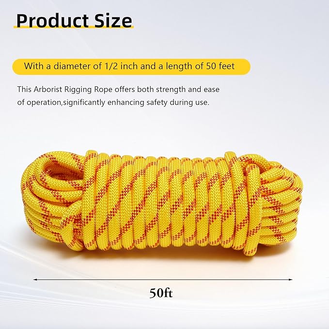 Arborist Rope, 1/2 Inch x 50 Feet Double Braided Climbing Rope Polyester for Outdoor, Climbing, Hiking, Swing, Tree Work, Halyard, Sailing（Yellow）