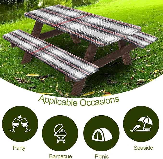 CAPSCEOLL Elastic Picnic Table Cover with Bench Covers 5Ft Waterproof Fitted Picnic Table Cover Cloths for Outdoors Camping Tablecloth with Drawstring Bag, 60X30in, Grey Red