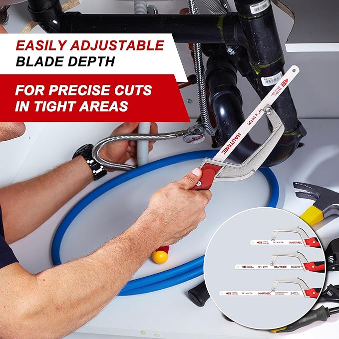 HAUTMEC Mini Hacksaw, Compact Hand Saw with 10" Bi-Metal HSS Blade, Lightweight Hack Saw for Metal Wood PVC, Especially Cuts In Tight Hard-Reach Spaces – HT0355