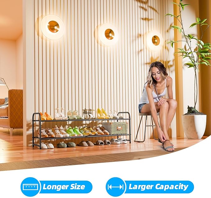2 Tier Shoe Rack for Closet, 44 Inch Extra Long Shoe Storage Organizer for Shelves, Heavy Duty Metal, Easy Assembly, Black