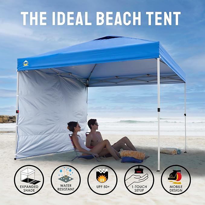 CROWN SHADES 10x10 Pop Up Canopy with 1 Side Wall - Beach Tent with One Push Setup - Outdoor Sun Shade for Events, Parties, Camping - Gazebo with STO-N-Go Cover Bag (Blue)
