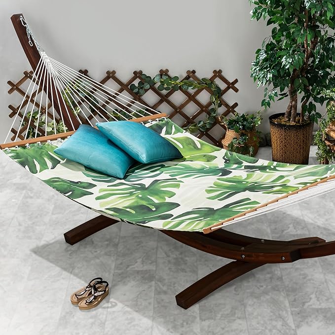 Fab Habitat Tropical Botanical Recycled Polyester Hammock - Panama - Green - Indoor/Outdoor, Quick Dry, 2 Person 460 lbs Capacity - Patio, Poolside, Backyard, Garden, Beach - 12-14 ft Adjustable