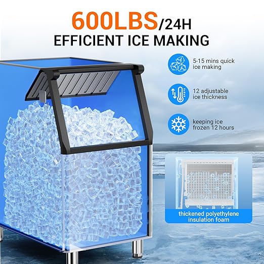 Commercial Ice Maker Machine 600Lbs/24H – 12 Adjustable Thickness Settings, 400Lbs Storage, Ideal for Restaurant, Bar, Hotel, Cafe (600lbs)
