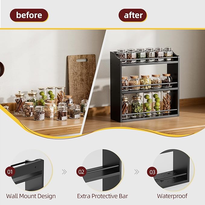 Bamboo Spice Rack Wall Mount or Tabletop Holder, 3-Tier Shelf for Seasoning Bottles Organizer, Medicine Holder (Black)