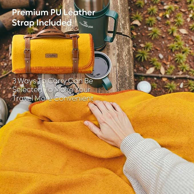 100% Wool Blanket, 48" x 62", Warm, Thick, Washable, Military Wool Blanket, Great for Camping, Outdoors, Sporting Events, Survival Kits, Yellow