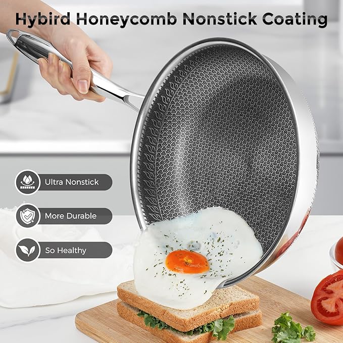 10.5 inch Frying Pan Nonstick with Lid, 2.5 Qt Deep Non Stick Stainless Steel Sauté Pan Skillet, Dishwasher and Oven Safe, Compatible with All Cooktops