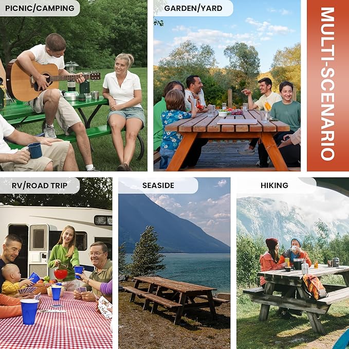 3 Piece Picnic Table Cover with Bench Covers Fitted Camping Table Cloths for 8Ft Tables Camper Travel Trailer Must Haves Motorhome Garden Tools Couple Wife Husband Boyfriend Girlfriend Gift