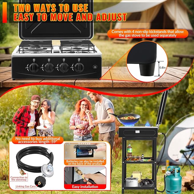 4 Burner Propane Gas Stove,300000BTU Portable Gas Stove with Support Leg Stand and Wind Blocking Cover Adapter Auto Ignition Camping Stove,propane burner for RV, Apartment, Outdoor Cooking