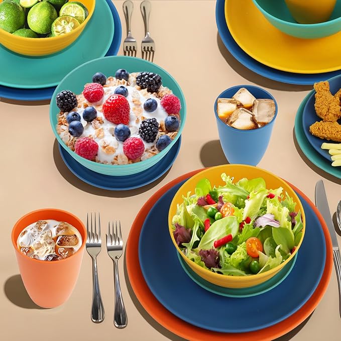 40Pack plates and bowls sets for kids - Unbreakable wheat straw dinnerware sets service for 8 - Alternative plastic 40pcs dish sets for kitchen, camping and indoors dinning - (Colorful)