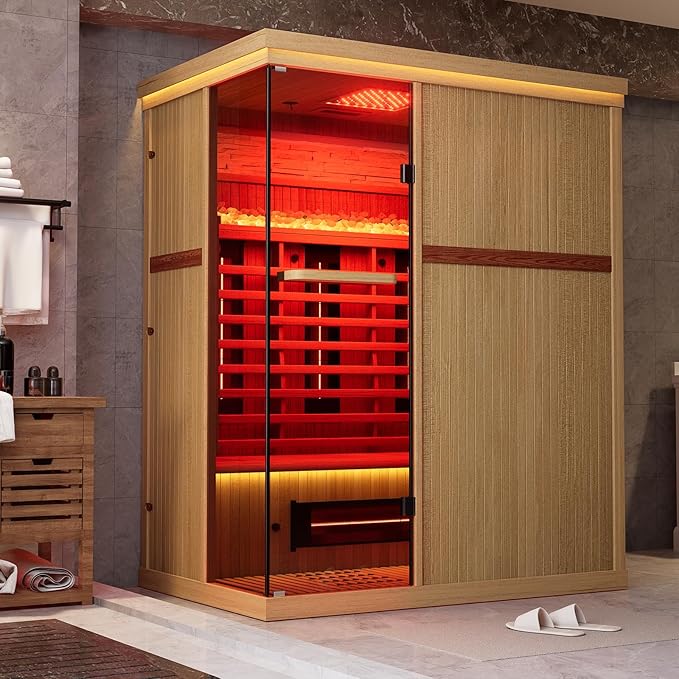 Full Spectrum Sauna for Home, 3 Person Indoor Infrared Spa Room with 10 Minutes Warm-up Heat, Canadian Hemlock Wood Home Sauna with Bluetooth and Tempered Glass