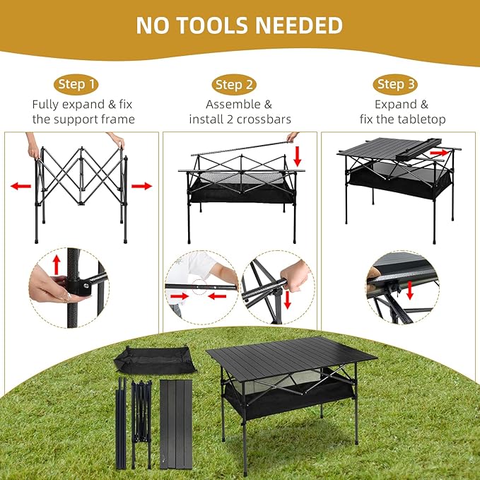 Dr.Quark Camping Table 41.4''x 28.4'' Ultra Compact Aluminum Folding Camping Table with Large Storage Roll Up Portable Camping 4-6 Person Foldable Camp Table with Carry Bag