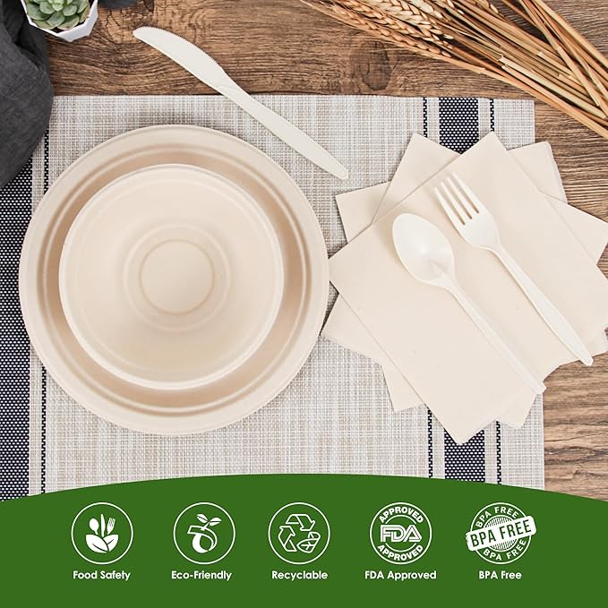 Disposable Paper Plates Set 300PCS Compostable Sugarcane Plates, Bowls, Heavy-duty Utensil, Biodegradable Napkins, Eco-friendly Dinnerware Set for Party Camping 50 People