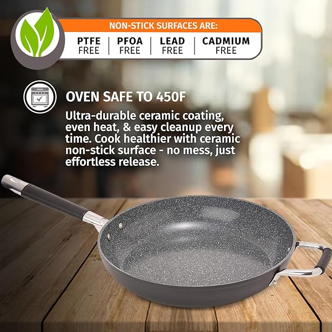 DaTerra Cucina - 13" Nonstick Ceramic Frying Pan - Made in Italy - Oven Safe - High Heat Resistant Nonstick Cookware - PTFE, Cadmium, Lead & PFOA free - Volcanic Black Speckled