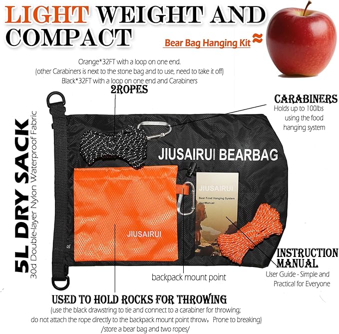 6.7Oz Ultralight Bear Bag Hanging Kit: 30D Waterproof Bear Proof Food Storage for Backpacking and Camping Alternative to Bear Canister (5L)