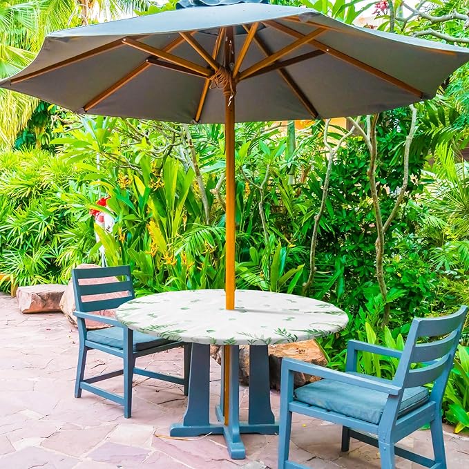 2 Pcs Round Outdoor Tablecloth with Umbrella Hole - Anti-Wrinkle Polyester Tablecloth with Elastic Zipper Table Cover for Summer Patio Camping Party(45''-53'',Leaf and Floral)