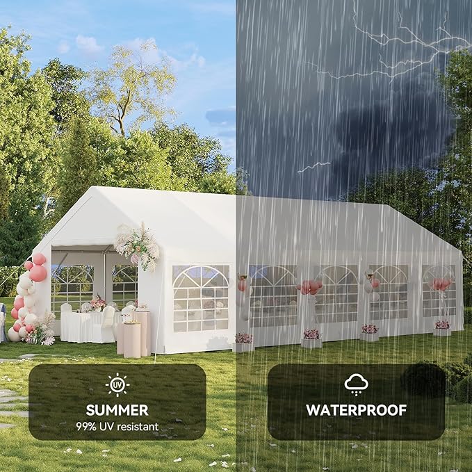 Aoxun 32x16 Party Tent Canopy for Weddings Waterproof Event Tent with Removable Sidewalls &Roll-up Door, Heavy-Duty Steel Frame for Outdoor Weddings, BBQ, Birthday Parties, & Camping,White