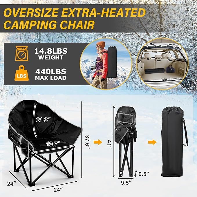 Oversized Heated Camping Chair, 3 Heat Levels Portable Heated Folding Chairs, Camping Heated Chair for Adults Supports 440 lbs, Heavy Lawn Chair for Camping/Patio/Outdoor Sport