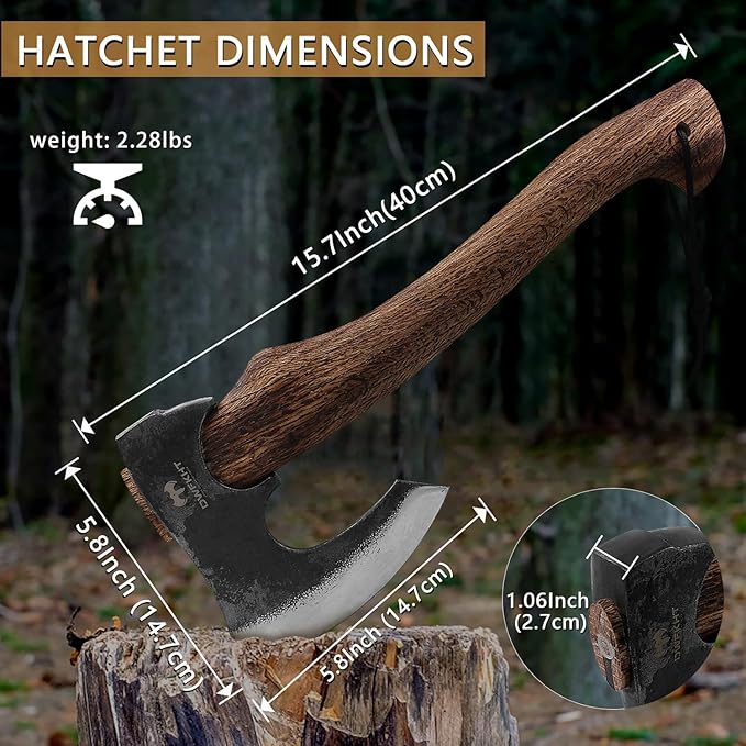 Hatchet Axe, 15.7" Camping Hatchet with Leather Sheath, Bushcraft Axe with 1065 Carbon Steel & Beech Handle, Survival Axe for Wood Splitting and Chopping - Perfect for Gardening and Outdoor
