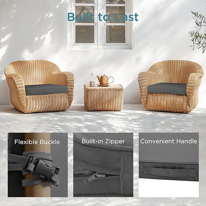 Codi Outdoor Chair Cushions 19x19 Inch, Waterproof Seat Cushion for Patio Furniture with Handles & Adjustable Straps, Fade Resistant - Set of 2, Grey