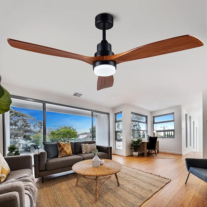 56" Wooden Ceiling Fans with Lighted Remote Control, Indoor Outdoor Wooden Ceiling Fan, Outdoor Modern Ceiling Fan with 3 Fan Blades for Patio, Living Room, Office, Hallway and More.……