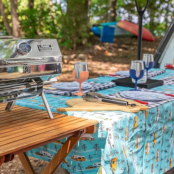 Camco Life is Better at The Campsite Tablecloth with Bench Covers | Provides a Clean Eating Surface for Outdoor Activities | Features an RV and Tree Sketch Design | (53380)