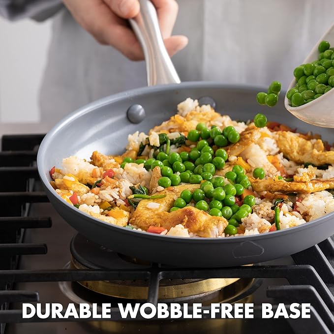 GreenPan Lima Hard Anodized 10" Frying Pan Skillet, Wood Spatula, Ceramic Nonstick, PFAS-Free Nontoxic Pots and Pans, Oven & Broiler Safe, Stainless Steel Handle, Cookware for Eggs & Omelet, Gray