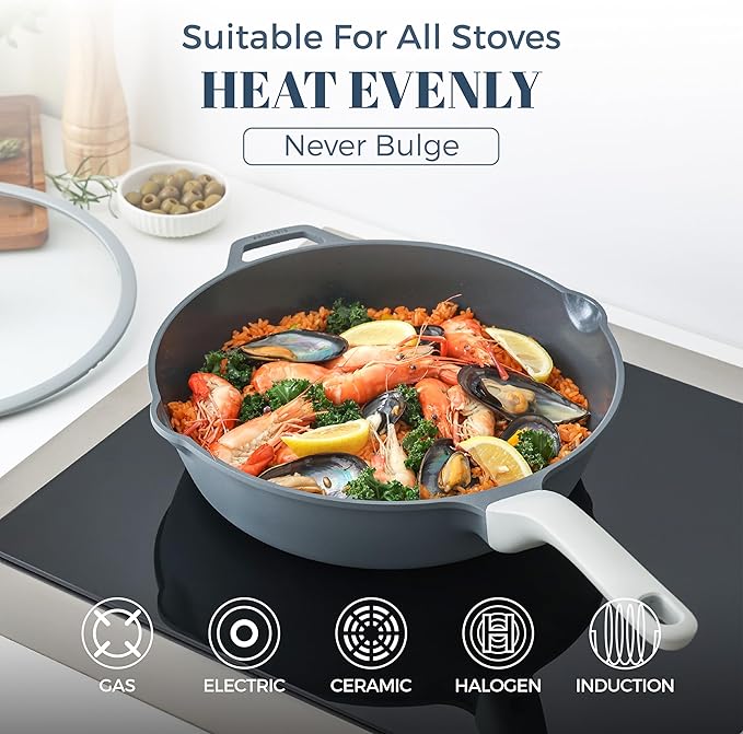 Ceramic Nonstick Deep Saute Pan with Lid, 10 Inch/3.2 QT Non Toxic Pans with Double Pour Spout, Helper Handle and Lid, Metal Utennsil Safe, Dishwasher Safe, (Gray)