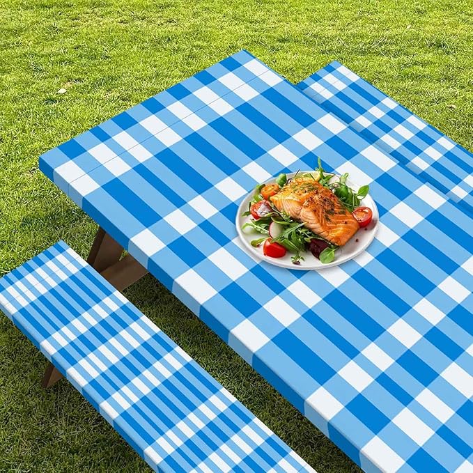 CAPSCEOLL Fitted Picnic Table Cover with Bench Covers with Elastic 8Ft Waterproof Camping Picnic Table Cover Cloths for Outdoors Camping Tablecloth with Drawstring Bag, 96X30in, Blue Checkered