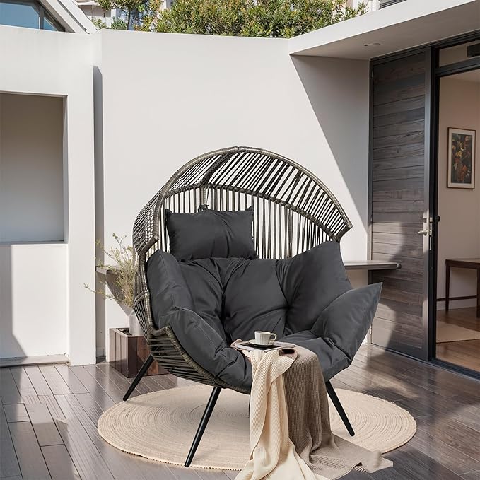 JAMFLY Egg Chair Wicker Outdoor Chairs, Oversized Patio Chair Oversized Lounger Chair with Cushion for Indoor Living Room, Bedroom, Outside Patio Backyard Balcony, Dark Gray