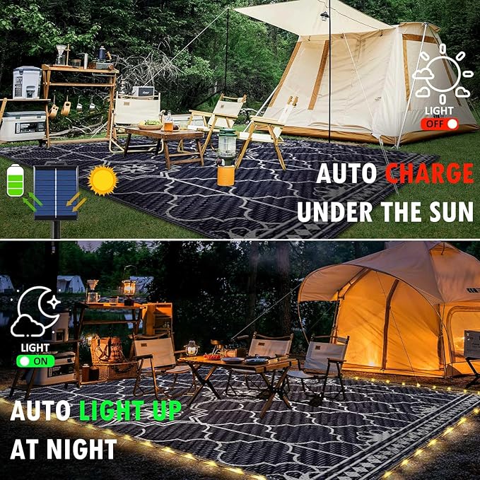 9x12Ft Outdoor Rug, Solar Powered Outdoor Rug with 131LEDs Strip Lights for House Deck, Waterproof Plastic Reversible Outdoor Straw Rugs, Rugs Mat RV Camping Patio Beach Balcony Picnic (Blue White)