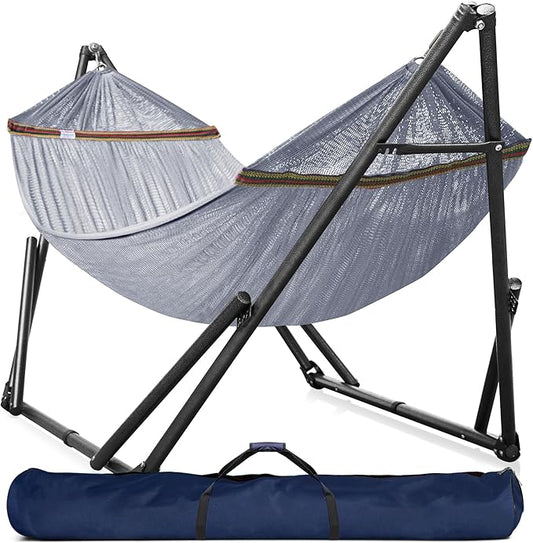 Tranquillo Universal Double Hammock with Stand Included for 2 Persons/Foldable Hammock Stand 600 lbs Capacity Portable Case - Inhouse, Outdoor, Camping, Grey