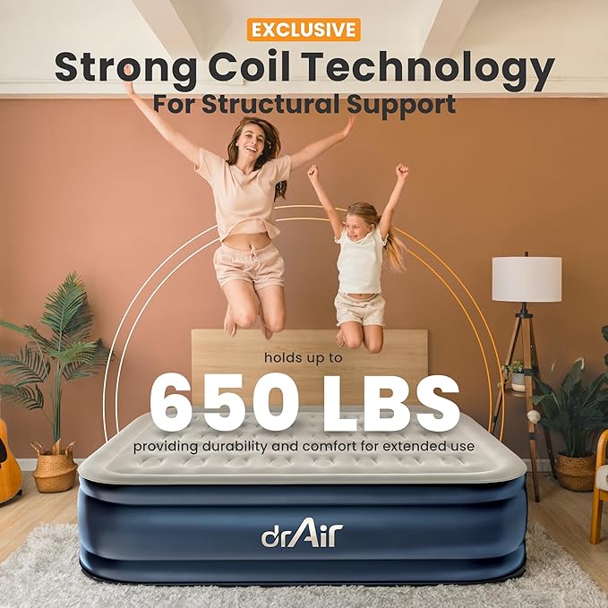 Queen Air Mattress, 18” Raised Inflatable Bed with Built-in Pump, Waterproof Velvety Top, Ergonomic Design, Reinforced Support, and Carry Bag for Home, Camping, and Guests