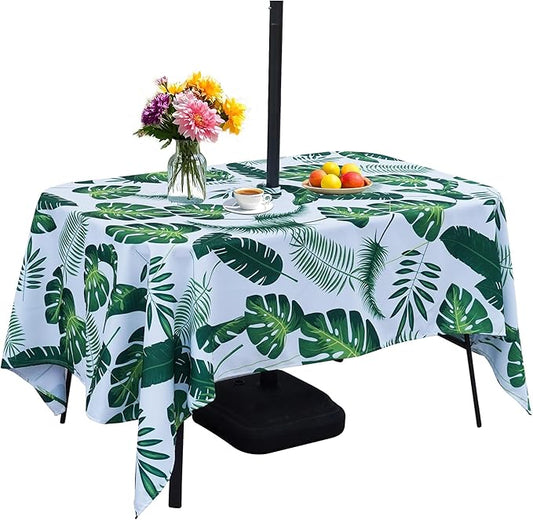 SquarePie Outdoor Tablecloth with Umbrella Hole and Zipper Rectangle Waterproof Table Cloth Decorative Patio Table Cover for Courtyards Picnic Garden Party, 52x70 Palm Leaf