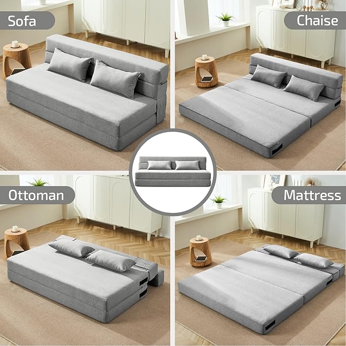 Folding Sofa Bed with Pillows- Convertible Chair Floor Couch & Sleeping Mattress, Foldable Memory Foam Sleeper for Living Room/Dorm/Guest Room/Home Office/Apartment/Loft, Queen, Light Gray