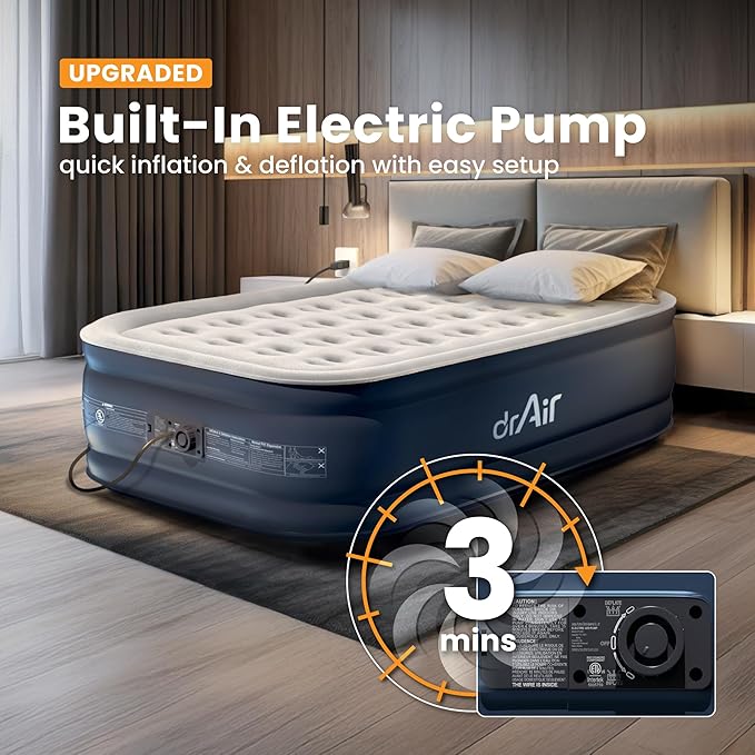 Full Air Mattress, 18” Raised Inflatable Bed with Built-in Pump, Waterproof Velvety Top, Ergonomic Design, Reinforced Support, and Carry Bag for Home, Camping, and Guests
