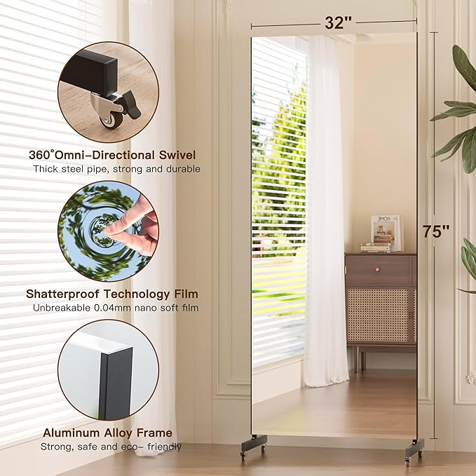 brisafe Home Gym Mirror 360° Swivel on Wheels, 75" X 32" Nano Film Super Lightweight Unbreakable Full Length Mirror for Yoga, Dance Studio, Black