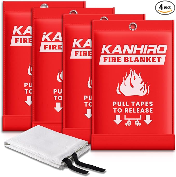 Emergency Fire Blanket for Home Kitchen - KANHIRO Fiberglass Fire Suppression Blanket Great for School, Fireplace, Grill, Car, Office, Warehouse (4 Pack, 39 in X 39 in)