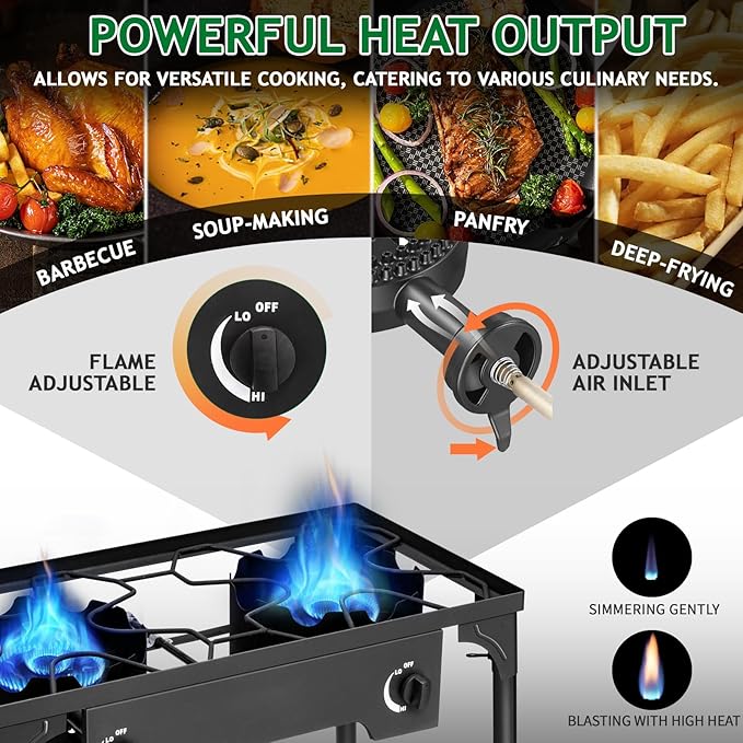 Outvita 2 Burner Propane Gas Stove for Outdoor Cooking, 150,000 BTU Camping Cooker with Removable Legs, Temperature Control Knobs for Backyard Cooking, BBQ, Baking and Frying