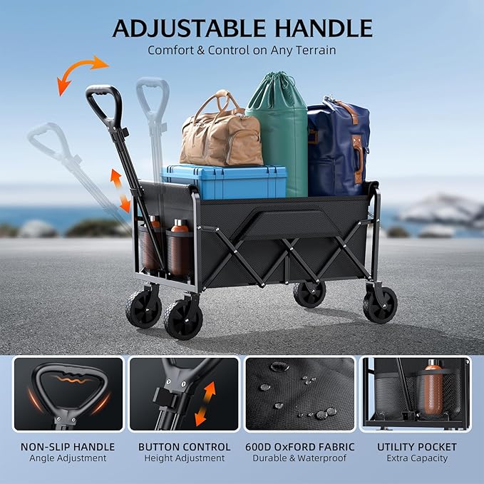 Collapsible Wagons Carts Foldable with 220lbs Weight Capacity, Lightweight Utility Portable Wagon Cart with Wheels, Grocery Foldable Wagon for Beach, Garden, Sports and Camping, Black