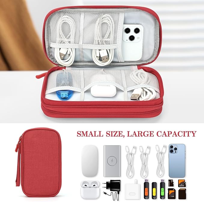 FYY Electronic Organizer, Travel Cable Organizer Bag Pouch Electronic Accessories Carry Case Portable Waterproof Double Layers Storage Bag for Cable, Cord, Charger, Phone, Earphone, Large Size, Red