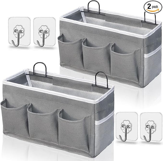 2pcs 3-pockets Large Wall Hanging Organizer Bag, Linen Fabric Door Hanging Storage Baskets with Pockets, Waterproof Bin for Kitchen, Bedroom, Office, RV Camper (Gray_2pcs)