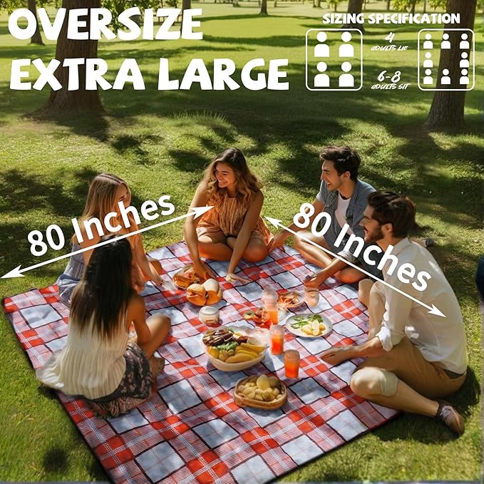 Extra Large Picnic Blankets Fortable 80x80 Oversized Waterproof Sandproof Outdoor Beach Blanket Camping Grass Mat Travel Essential Camper Accessories Glamping Items Hiking Supplies Hiker Necessities